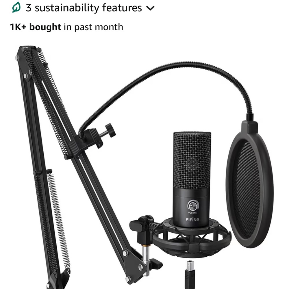 Black USB Condenser Microphone Kit w/ Adjustable Boom vocal game streaming-T669